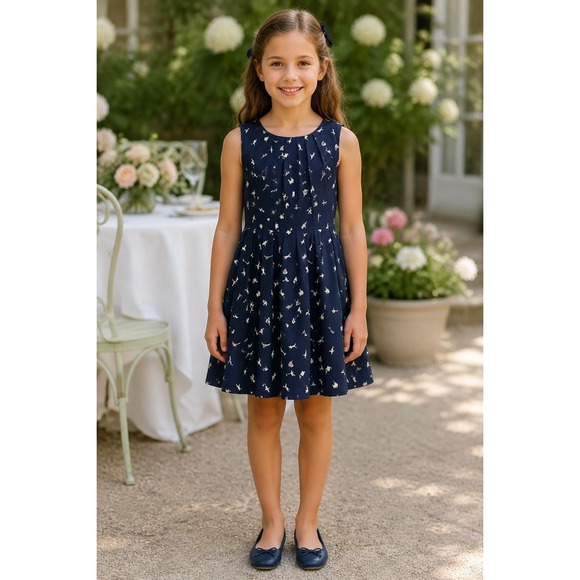 Rachel Riley Other - Rachel Riley Silk Dress Girls Size 7 Navy Toy Print Sleeveless Pleated Tie Waist